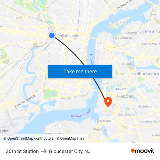 30th St Station to Gloucester City, NJ map