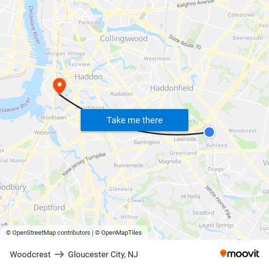 Woodcrest to Gloucester City, NJ map