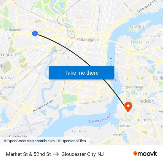 Market St & 52nd St to Gloucester City, NJ map