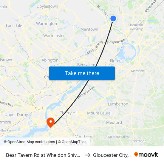 Bear Tavern Rd at Wheldon Shivers Dr to Gloucester City, NJ map