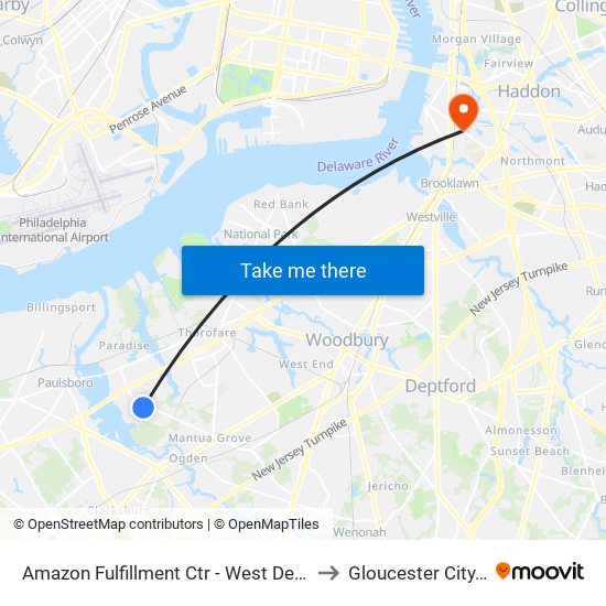 Amazon Fulfillment Ctr - West Deptford to Gloucester City, NJ map