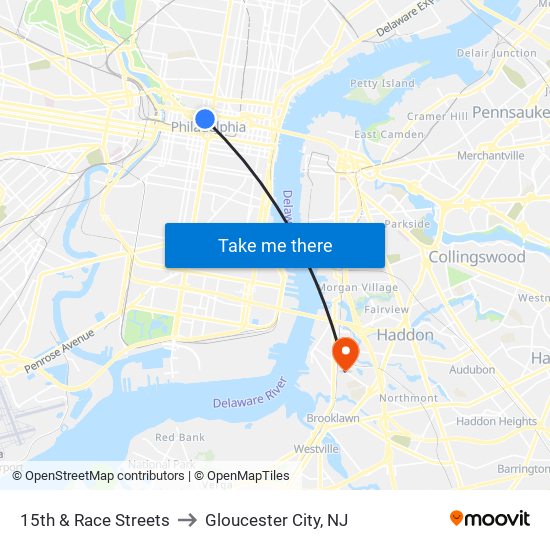 15th & Race Streets to Gloucester City, NJ map