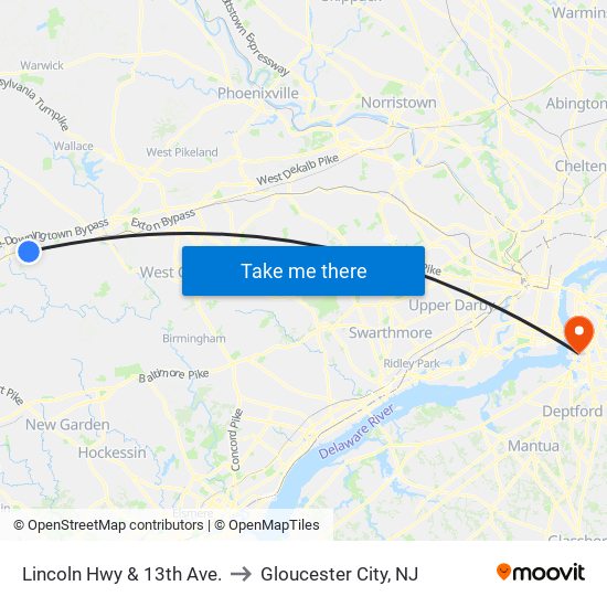 Lincoln Hwy & 13th Ave. to Gloucester City, NJ map