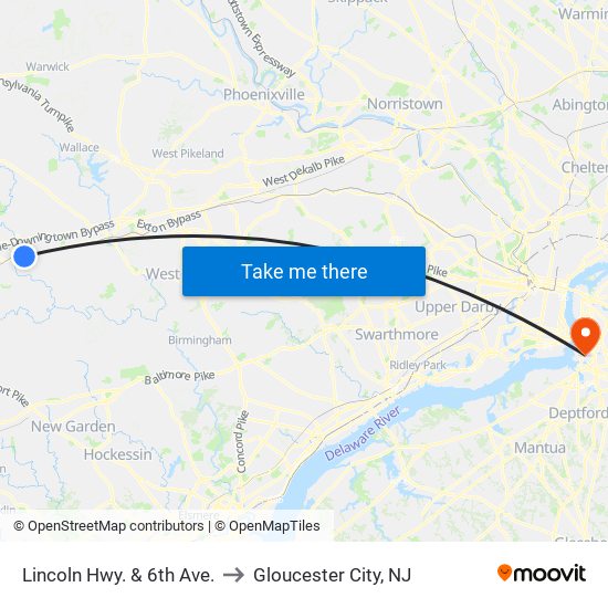 Lincoln Hwy. & 6th Ave. to Gloucester City, NJ map