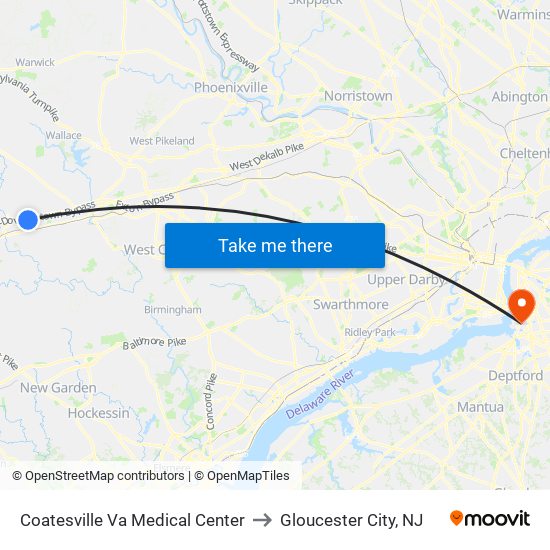 Coatesville Va Medical Center to Gloucester City, NJ map