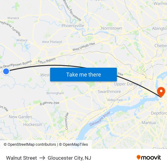 Walnut Street to Gloucester City, NJ map