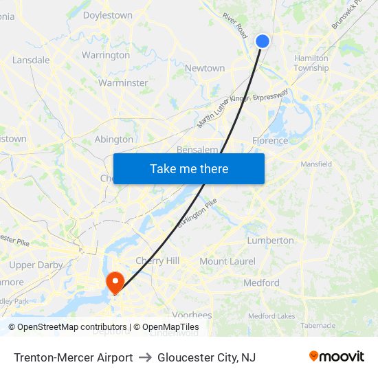 Trenton-Mercer Airport to Gloucester City, NJ map