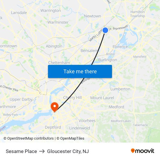 Sesame Place to Gloucester City, NJ map