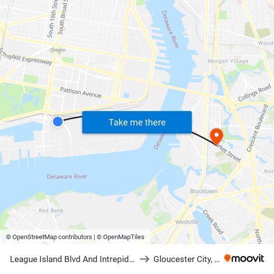League Island Blvd And Intrepid Ave to Gloucester City, NJ map
