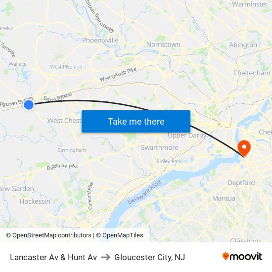 Lancaster Av & Hunt Av to Gloucester City, NJ map