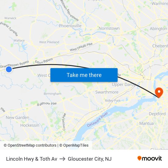 Lincoln Hwy & Toth Av to Gloucester City, NJ map