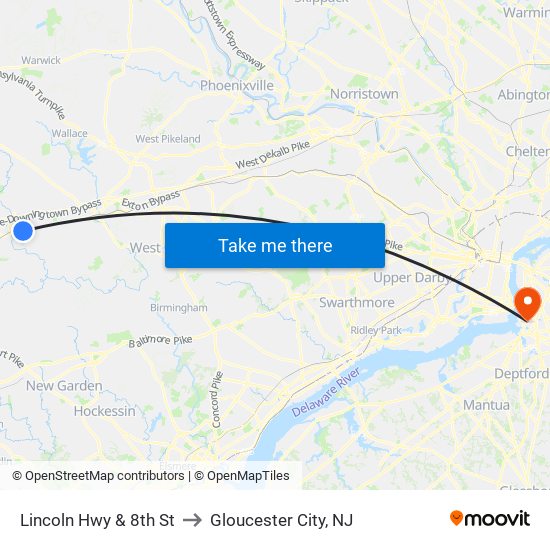 Lincoln Hwy & 8th St to Gloucester City, NJ map