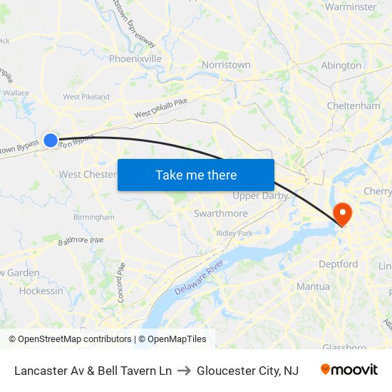 Lancaster Av & Bell Tavern Ln to Gloucester City, NJ map