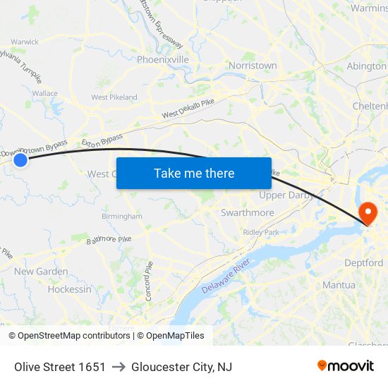 Olive Street 1651 to Gloucester City, NJ map