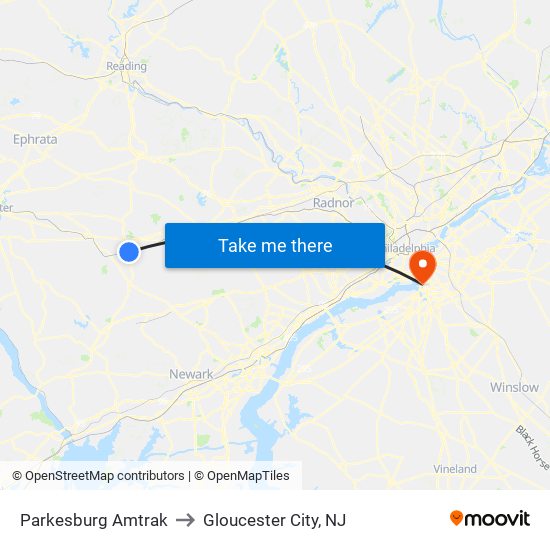 Parkesburg Amtrak to Gloucester City, NJ map