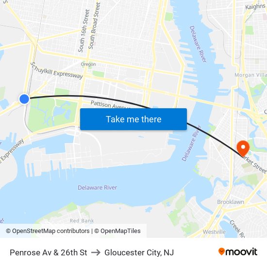 Penrose Av & 26th St to Gloucester City, NJ map
