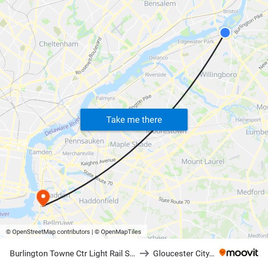 Burlington Towne Ctr Light Rail Station to Gloucester City, NJ map