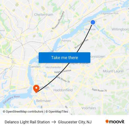 Delanco Light Rail Station to Gloucester City, NJ map