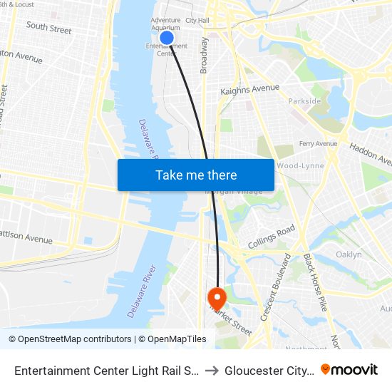 Entertainment Center Light Rail Station to Gloucester City, NJ map