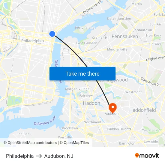 Philadelphia to Audubon, NJ map