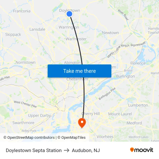 Doylestown Septa Station to Audubon, NJ map