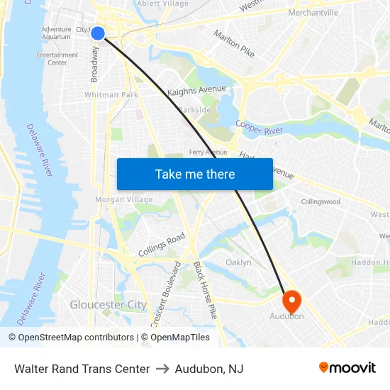 Walter Rand Trans Center to Audubon, NJ map
