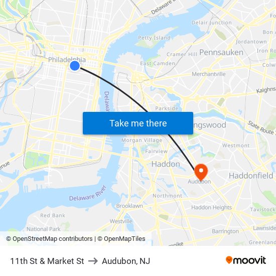 11th St & Market St to Audubon, NJ map