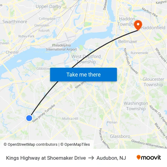 Kings Highway at Shoemaker Drive to Audubon, NJ map