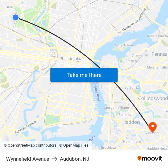 Wynnefield Avenue to Audubon, NJ map