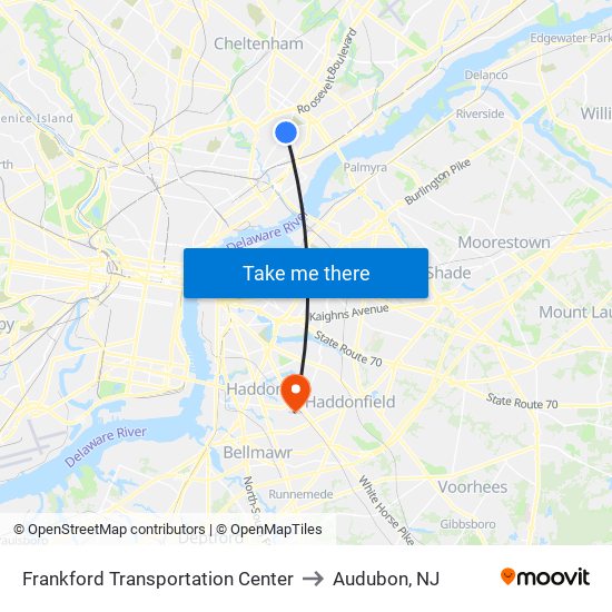 Frankford Transportation Center to Audubon, NJ map