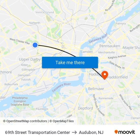 69th Street Transportation Center to Audubon, NJ map