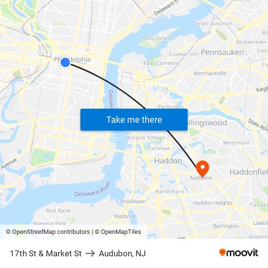 17th St & Market St to Audubon, NJ map