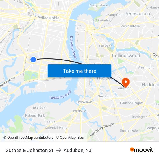 20th St & Johnston St to Audubon, NJ map
