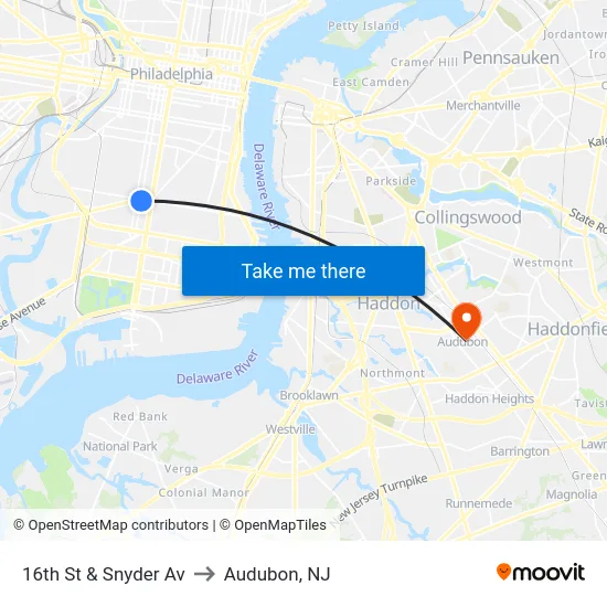 16th St & Snyder Av to Audubon, NJ map