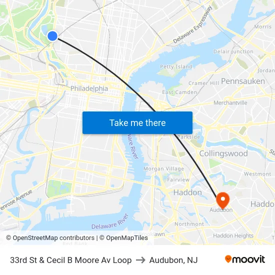 33rd St & Cecil B Moore Av Loop to Audubon, NJ map