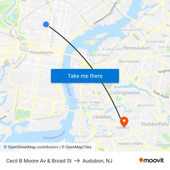 Cecil B Moore Av & Broad St to Audubon, NJ map