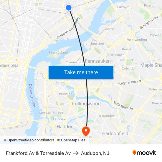 Frankford Av & Torresdale Av to Audubon, NJ map
