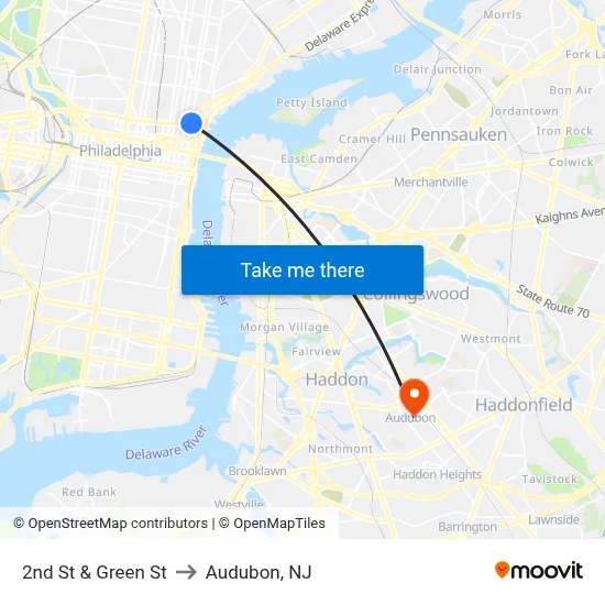 2nd St & Green St to Audubon, NJ map