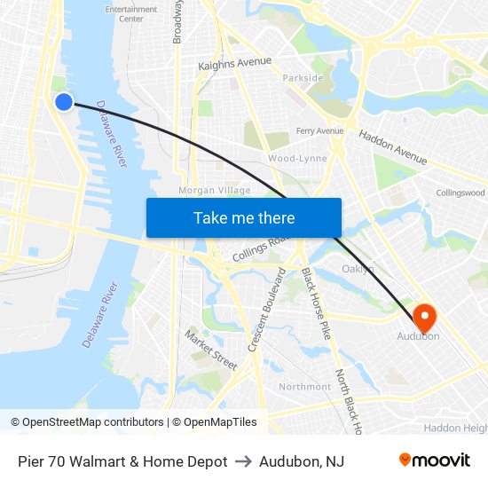 Pier 70 Walmart & Home Depot to Audubon, NJ map