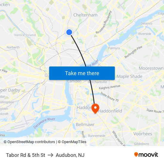 Tabor Rd & 5th St to Audubon, NJ map