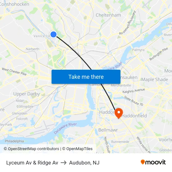 Lyceum Av & Ridge Av to Audubon, NJ map