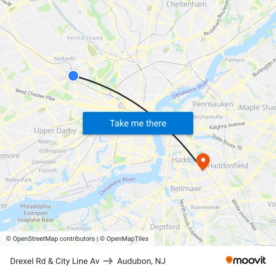 Drexel Rd & City Line Av to Audubon, NJ map