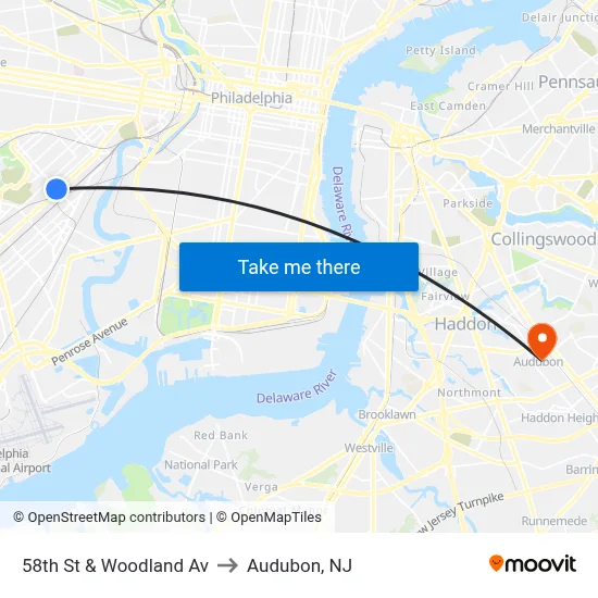 58th St & Woodland Av to Audubon, NJ map