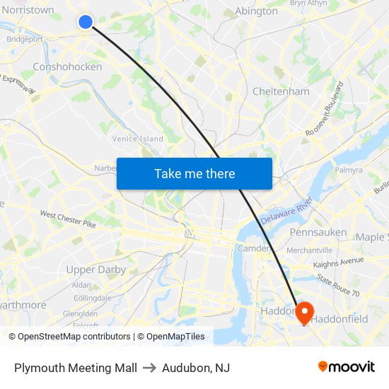 Plymouth Meeting Mall to Audubon, NJ map