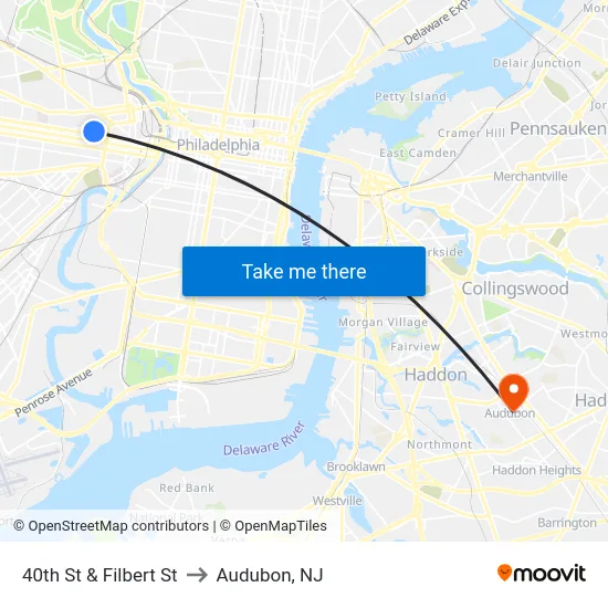 40th St & Filbert St to Audubon, NJ map