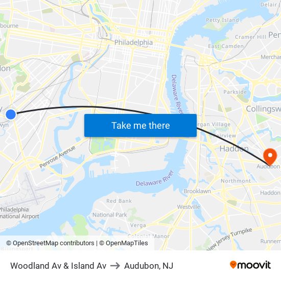 Woodland Av & Island Av to Audubon, NJ map