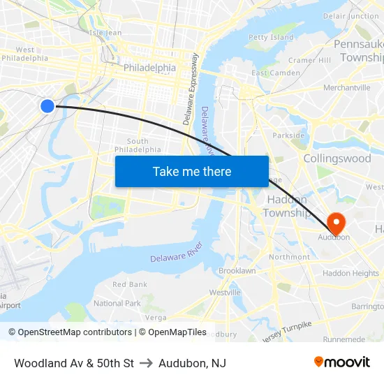 Woodland Av & 50th St to Audubon, NJ map