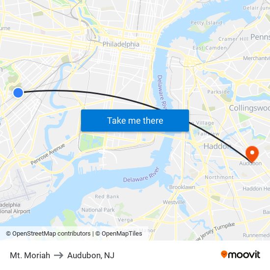 Mt. Moriah to Audubon, NJ map