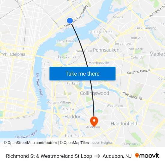 Richmond St & Westmoreland St Loop to Audubon, NJ map