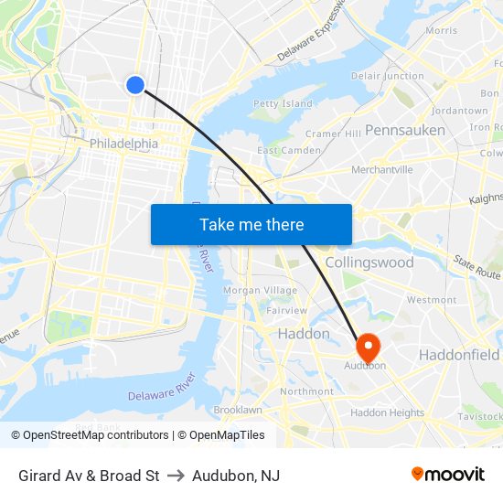 Girard Av & Broad St to Audubon, NJ map